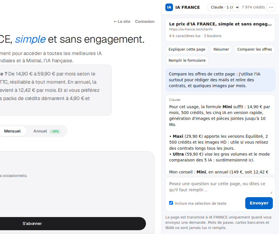 Le panneau IA FRANCE ouvert à côté de la page des tarifs : il compare les formules et recommande la bonne selon votre usage.
