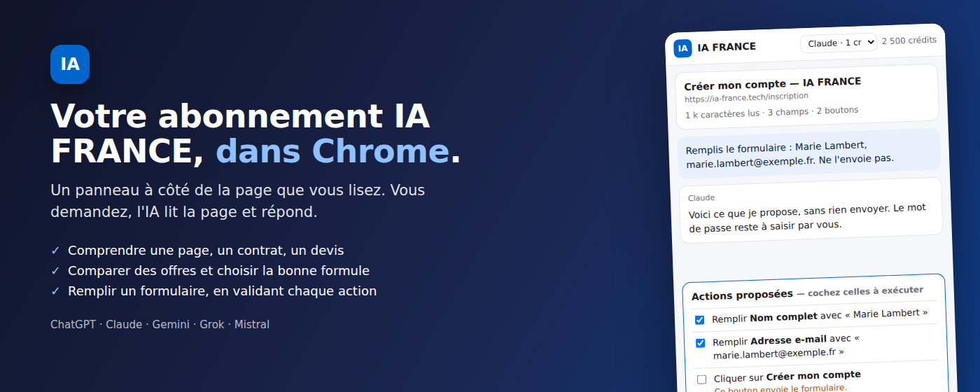 Le panneau IA FRANCE ouvert à côté d'une page : il lit le formulaire, propose les valeurs et attend que vous cochiez chaque action avant de l'exécuter.