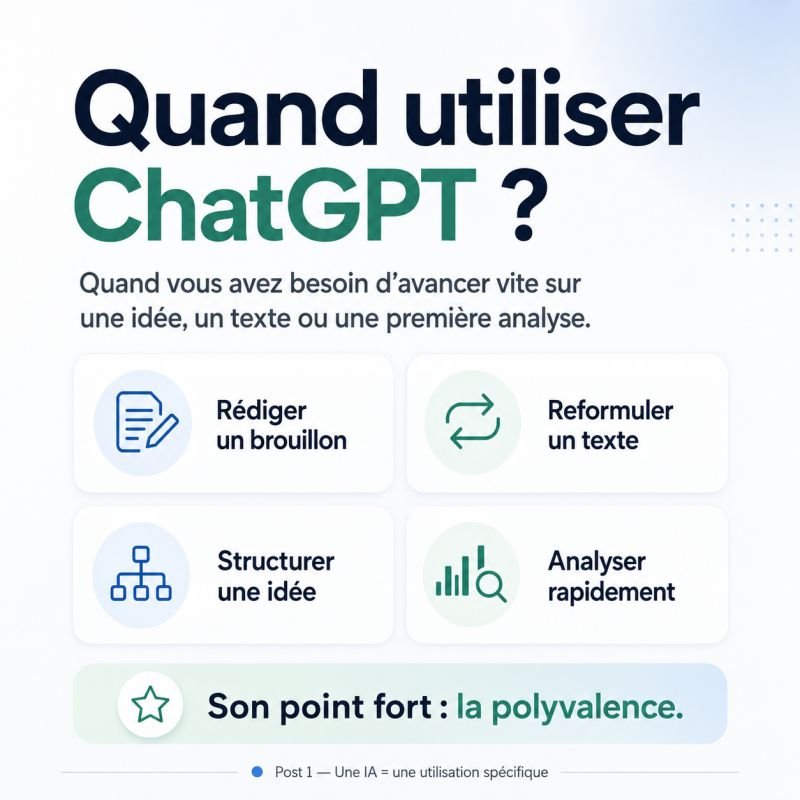 Infographie : quand utiliser ChatGPT — rédiger un brouillon, reformuler un texte, structurer une idée, analyser rapidement. Son point fort : la polyvalence.